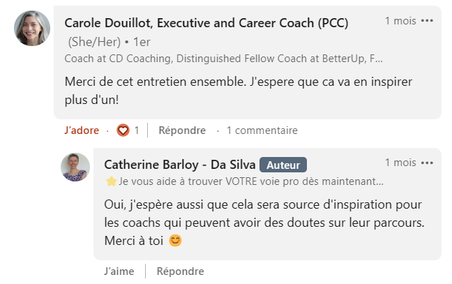Blue Midlife
Catherine BARLOY
Coach en bilan de compétences
Coach professionnel
Nancy
Carole Douillot
Merci de cet entretien ensemble. J'espère que ça va en inspirer plus d'un !