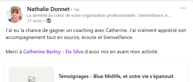 Blue Midlife
Catherine BARLOY
Coach professionnelle
Bilan de compétences
Jarny Nancy Distance Visio