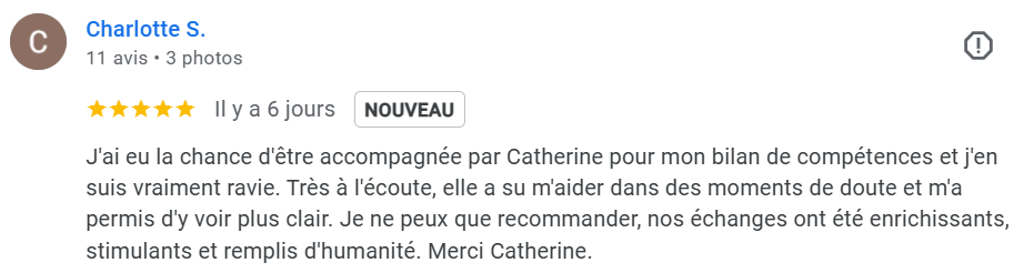 Blue Midlife
Catherine BARLOY
Coach professionnelle
Bilan de compétences
Jarny Nancy Distance Visio
J'ai eu la chance d'être accompagnée par Catherine pour mon bilan de compétences et j'en suis vraiment ravie. Très à l'écoute, elle a su m'aider dans des moments de doute et m'a permis d'y voir plus clair. Je ne peux que recommander, nos échanges ont été enrichissants, stimulants et remplis d'humanité. Merci Catherine.