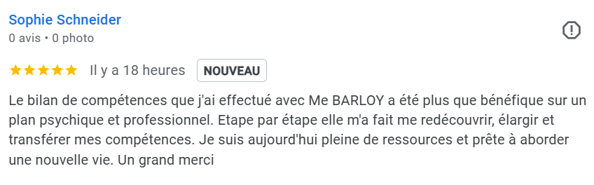 Blue Midlife
Catherine BARLOY
Coach professionnelle
Bilan de compétences
Jarny Nancy Distance Visio
Le bilan de compétences que j'ai effectué avec Me BARLOY a été plus que bénéfique sur un plan psychique et professionnel. Etape par étape elle m'a fait me redécouvrir, élargir et transférer mes compétences. Je suis aujourd'hui pleine de ressources et prête à aborder une nouvelle vie. Un grand merci