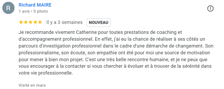 Blue Midlife
Catherine BARLOY
Coach professionnelle
Bilan de compétences
Jarny Nancy Distance Visio
Je recommande vivement Catherine pour toutes prestations de coaching et d'accompagnement professionnel. En effet, j'ai eu la chance de réaliser à ses côtés un parcours d'investigation professionnel dans le cadre d'une démarche de changement. Son professionnalisme, son écoute, son empathie ont été pour moi une source de motivation pour mener à bien mon projet. C'est une très belle rencontre humaine, et je ne peux que vous encourager à la contacter si vous chercher à évoluer et à trouver de la sérénité dans votre vie professionnelle.