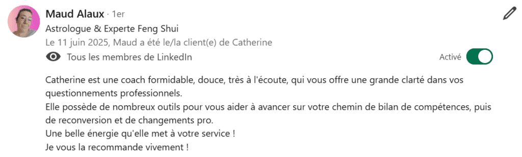 Catherine BARLOY
Coach bilans de compétences
Nancy Jarny
Catherine est une coach formidable, douce, très à l'écoute, qui vous offre une grande clarté dans vos questionnements professionnels.
Elle possède de nombreux outils pour vous aider à avancer sur votre chemin de bilan de compétences, puis de reconversion et de changements pro.
Une belle énergie qu'elle met à votre service !
Je vous la recommande vivement !